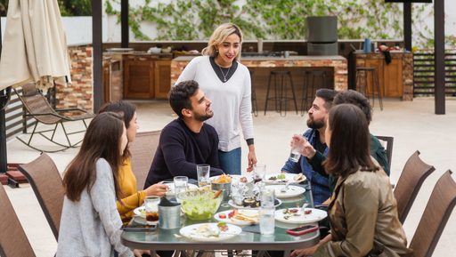 friends dining on patio