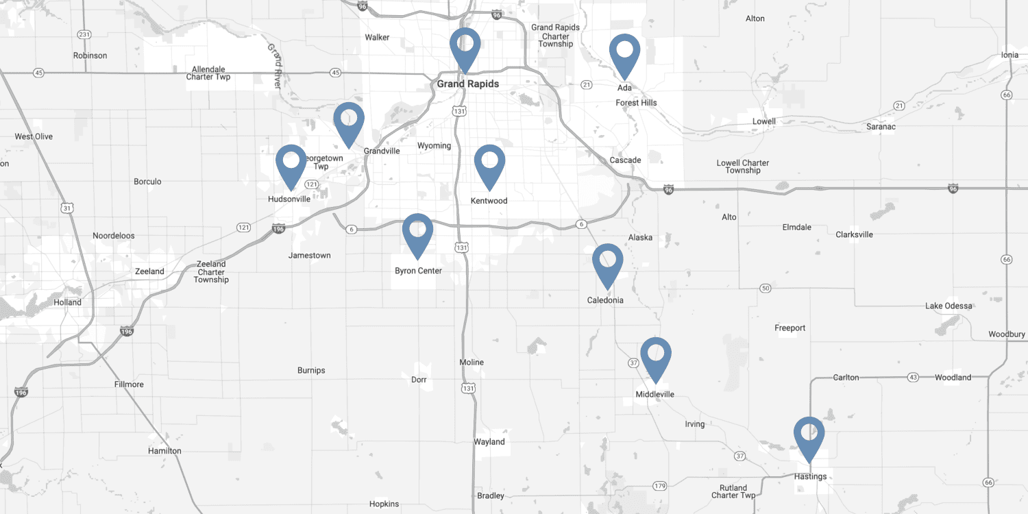 Map of service areas in West Michigan for Torchwood Landscaping. Grand Rapids, Ada, Kentwood, Byron Center, Caledonia, Middleville, Hastings, Hudsonville, and Jenison.