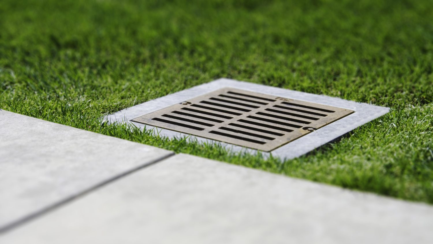 A tilt shift image of a water drain grate close-up.