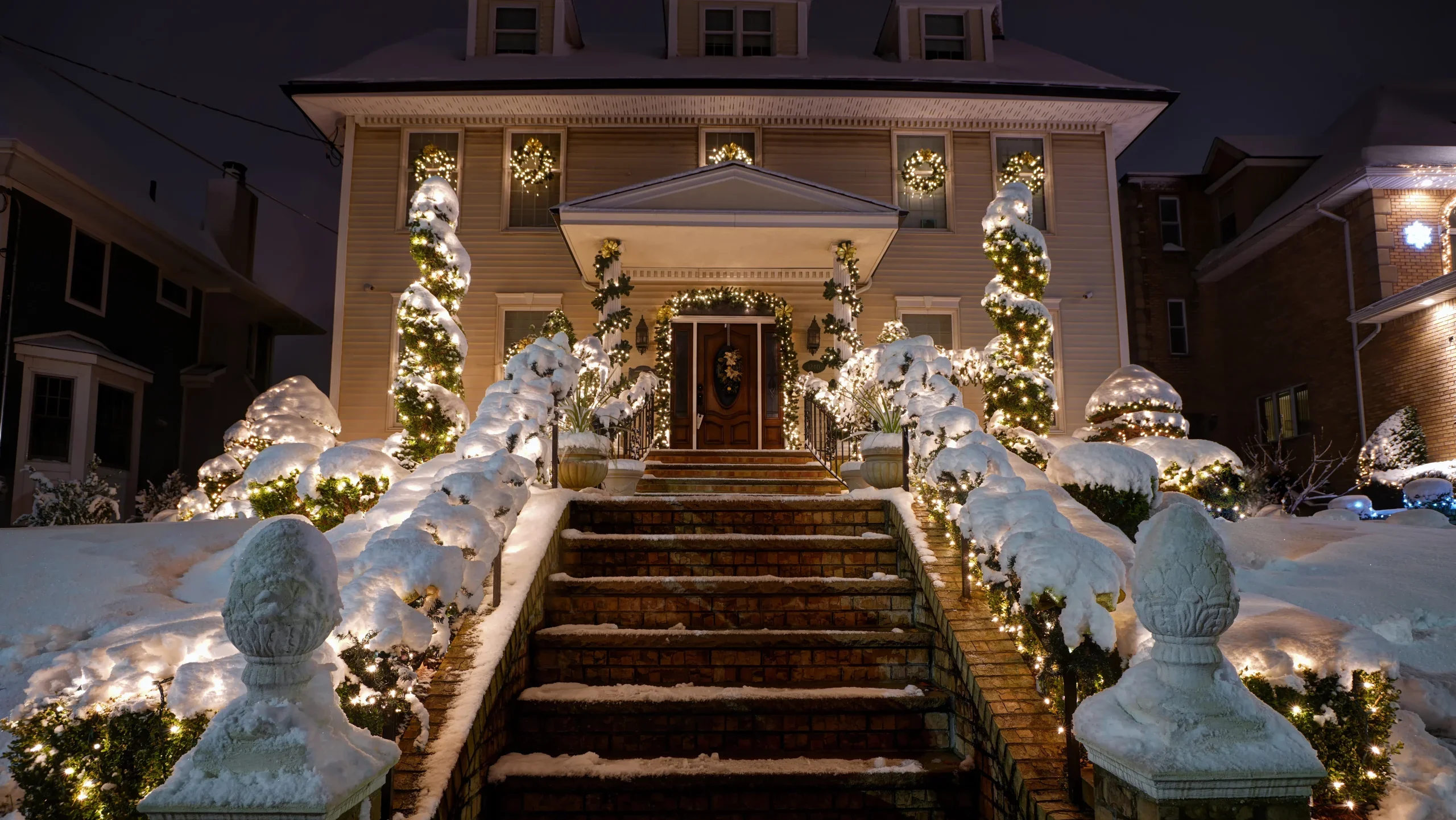 Snow-covered decorations at Dyker Heights - a neighborhood in Brooklyn known for its extravagant displays every Christmas.
